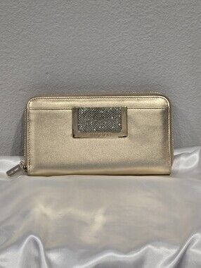 Jimmy Choo Metallic Gold Zip Around Wallet with Crystal Plaque